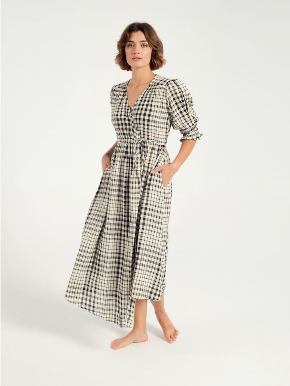 Apiece Apart Lucinda Black and White Gingham Wrap Maxi Dress